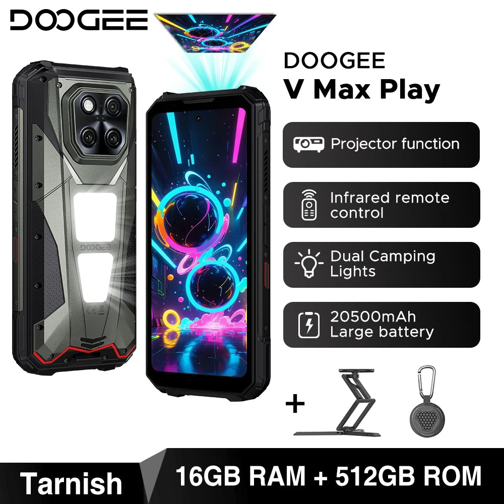 World Premiere DOOGEE V Max Play 5G Projector Rugged Phone 20500mAh Dual Camping Lights Dimensity 7300 16GB+512GB NFC Smartphone
