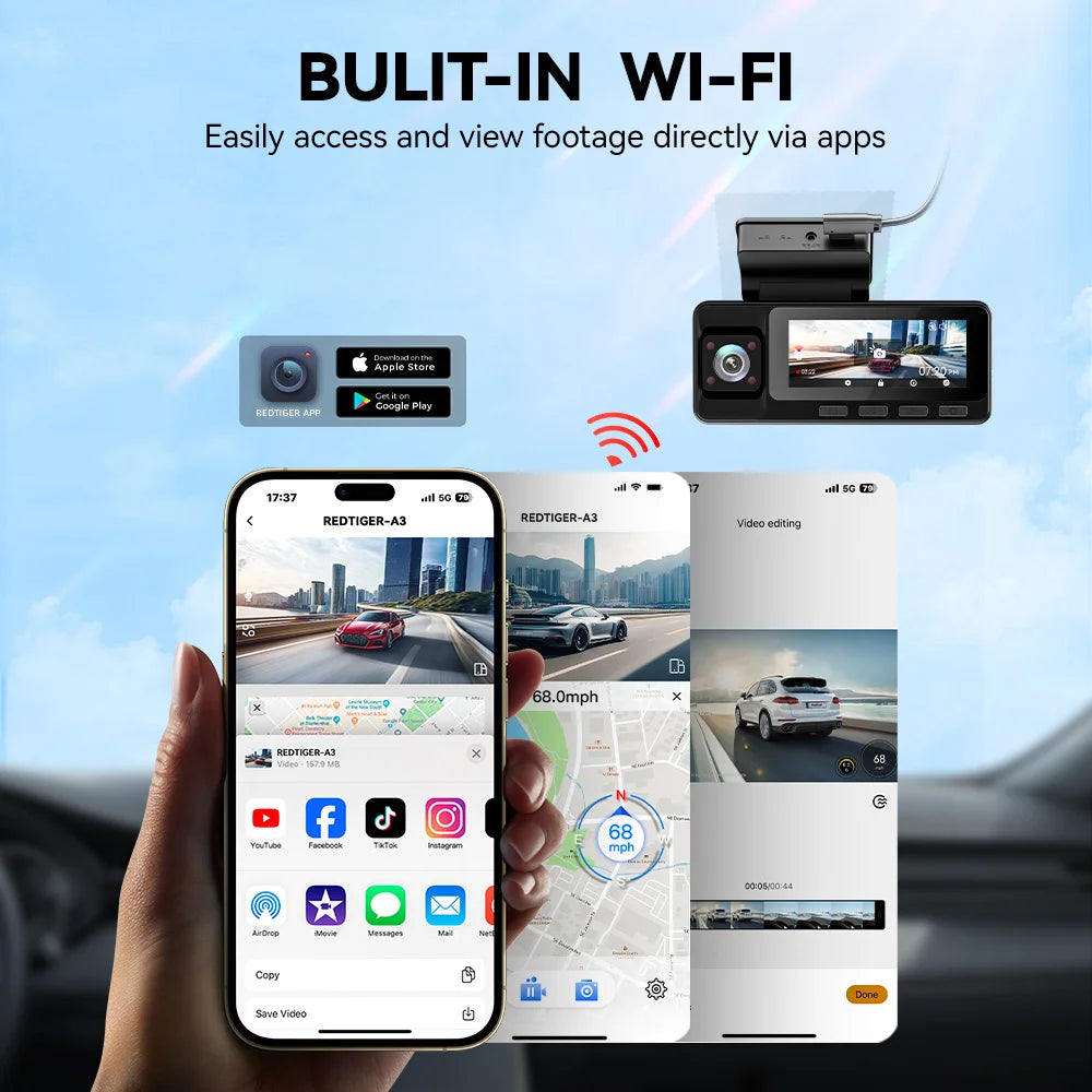 REDTIGER A3 3 Channel Dash Cam Dash Camera 2.5K+1080P+1080P Built-in 5.8Ghz WiFi Night Vision  Parking Monitor