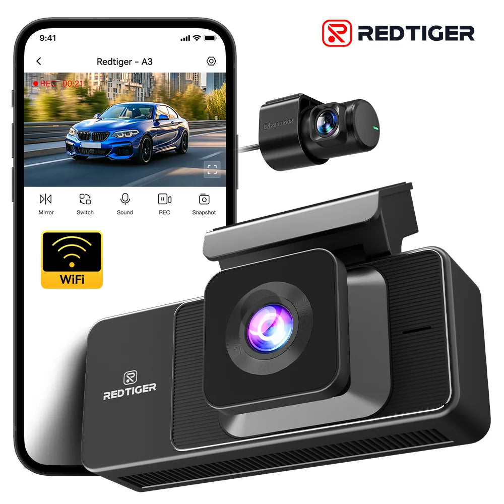 REDTIGER A3 3 Channel Dash Cam Dash Camera 2.5K+1080P+1080P Built-in 5.8Ghz WiFi Night Vision  Parking Monitor