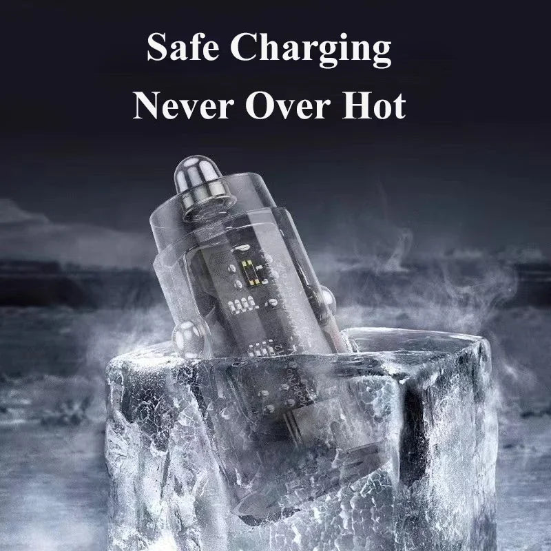 Transparent USB C Car Phone Charger PD 30W Super Fast Charge Adapter for iPhone 15 Pro Max 14 iPad Samsung Oppo Huawei Vivo