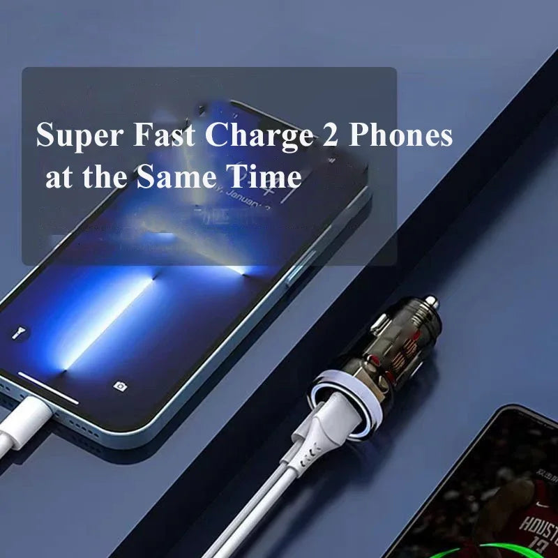 Transparent USB C Car Phone Charger PD 30W Super Fast Charge Adapter for iPhone 15 Pro Max 14 iPad Samsung Oppo Huawei Vivo