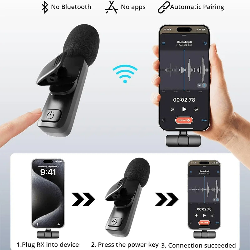 Wireless Lavalier Lapel Microphone for iPhone, iPad, Mini Video Recording Mic for Interview Video Podcast Vlog Noise Reduction