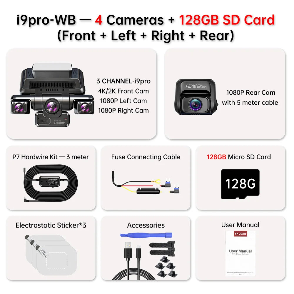 XUOIB 4CH GPS Dash Cam i9pro-wb Front 4K/2K+3*1080P for Car 360 DVR Camera 24H Parking Mode WiFi Video Recorder IR Night Vision