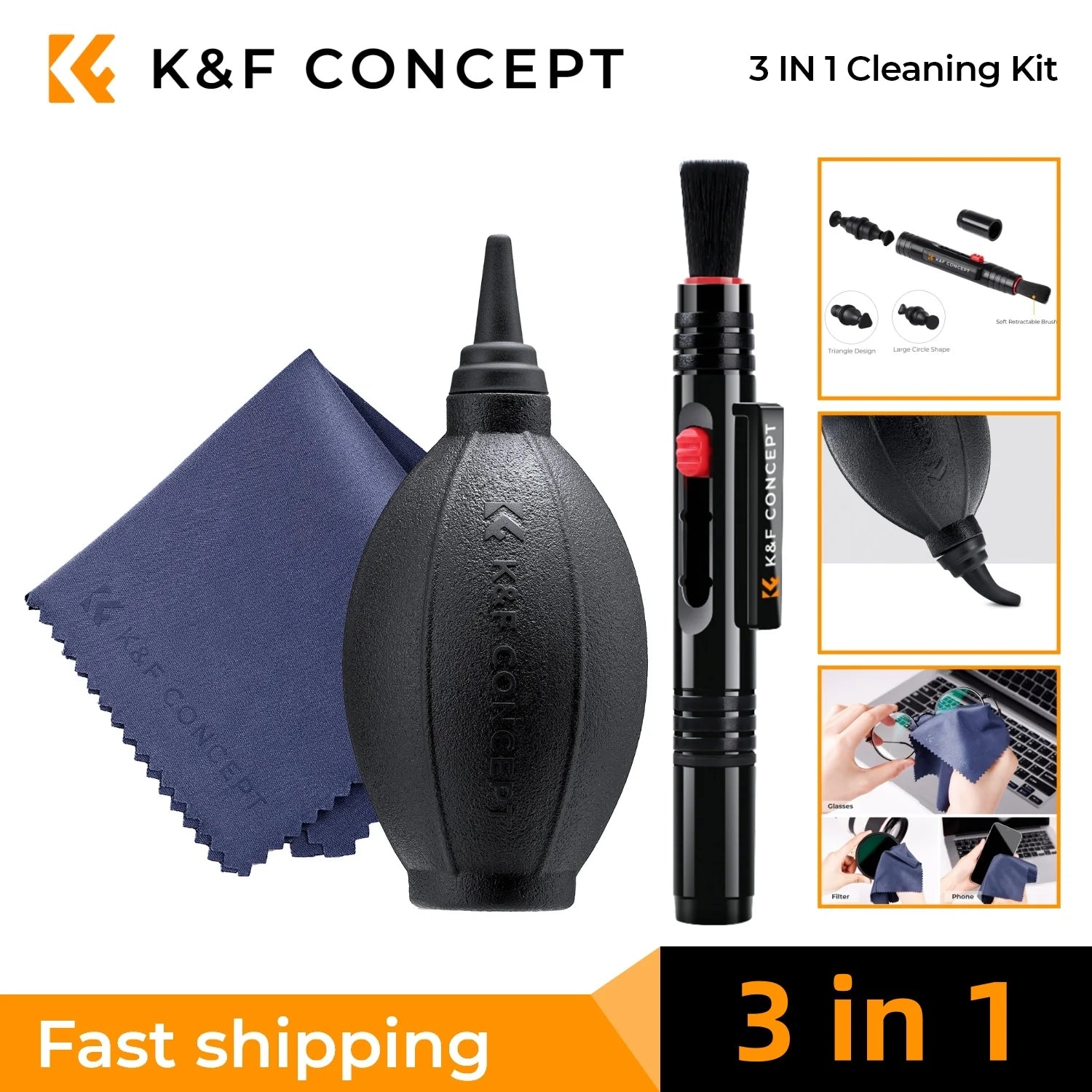 K&F CONCEPT Camera Lens Cleaning Kit with Camera Blower Glasses Wipes Cloth Cleaning Liquid Cleaning Pen for Camera Lens Phone