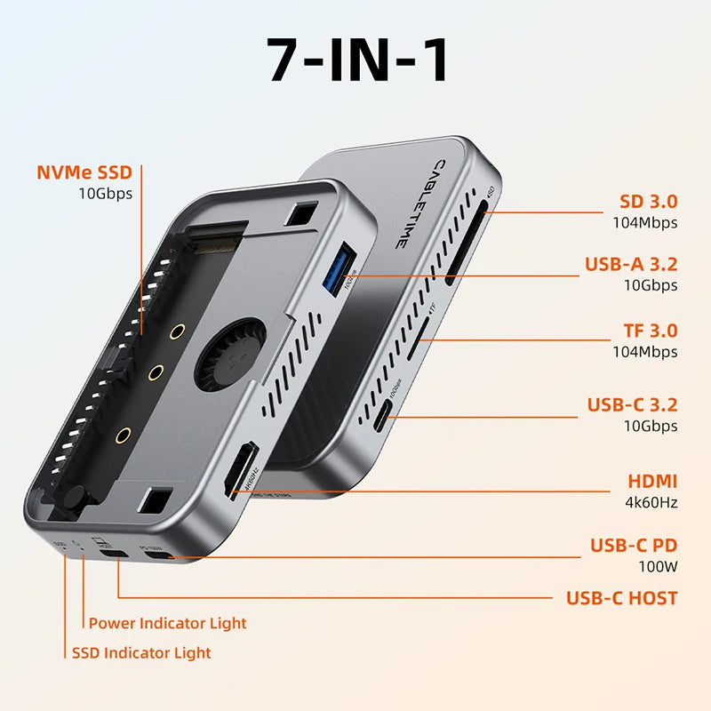 CABLETIME USB C HUB  7 IN 1 with NVMe SSD Magnetic 4K ProRes Video Recording SD/TF 3.0 Strong Magnetic Attachment for iPhone 17