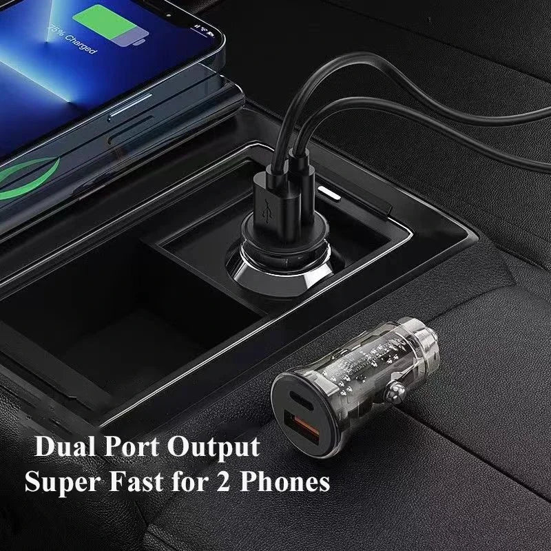 Transparent USB C Car Phone Charger PD 30W Super Fast Charge Adapter for iPhone 15 Pro Max 14 iPad Samsung Oppo Huawei Vivo