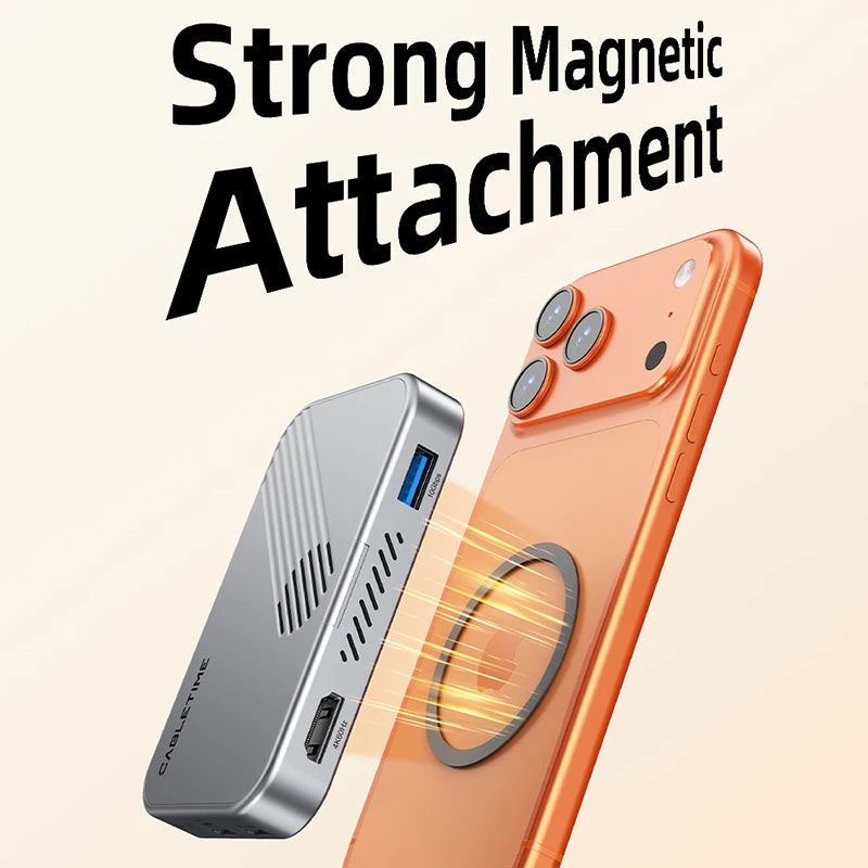 CABLETIME USB C HUB  7 IN 1 with NVMe SSD Magnetic 4K ProRes Video Recording SD/TF 3.0 Strong Magnetic Attachment for iPhone 17