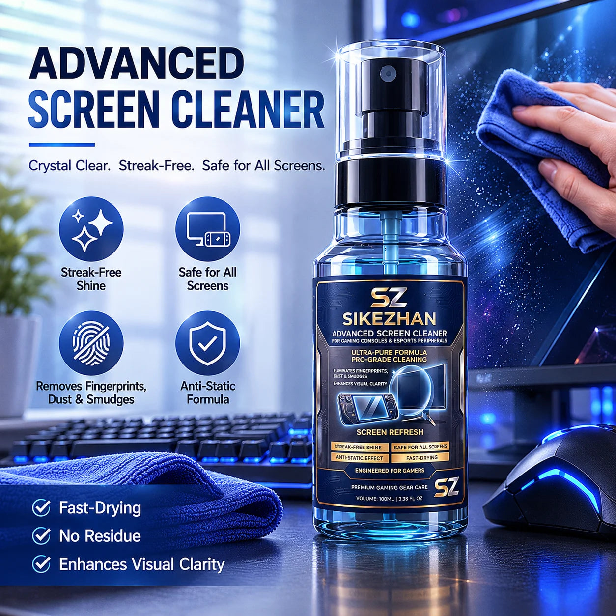 SIKEZHAN Advanced Screen Cleaner Kit for Gaming Consoles---Universal Screen Cleaner (Compatible with Various Devices) — 100ml