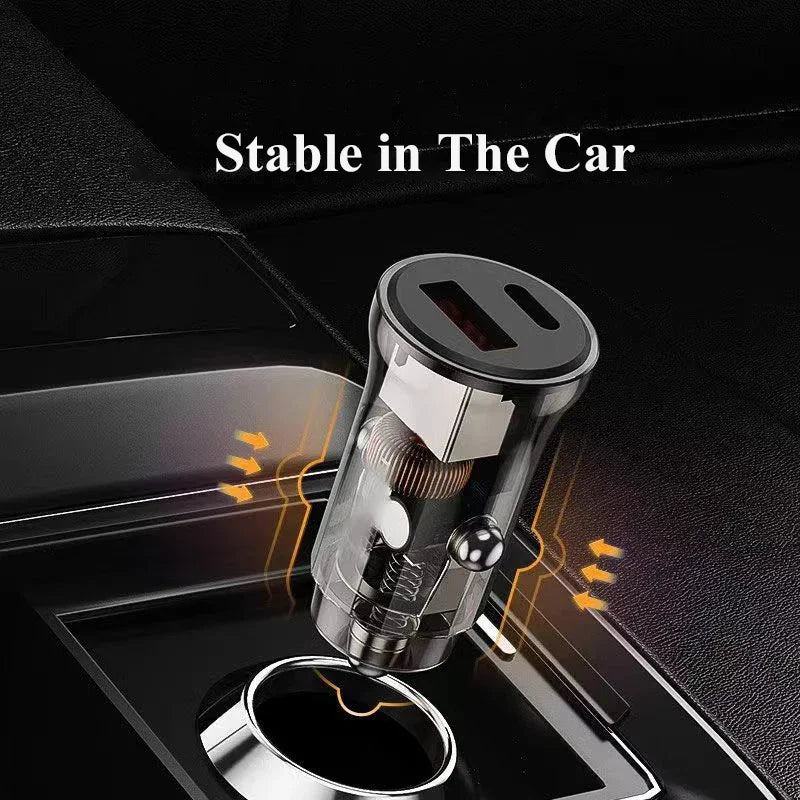 Transparent USB C Car Phone Charger PD 30W Super Fast Charge Adapter for iPhone 15 Pro Max 14 iPad Samsung Oppo Huawei Vivo