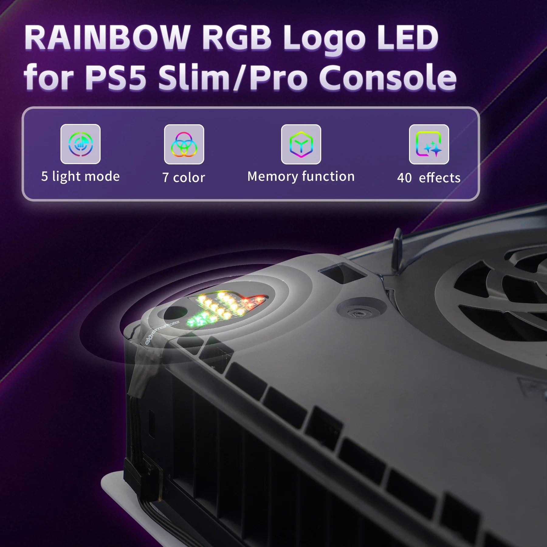 eXtremeRate for PS5 Slim/Pro Console RGB RAINBOW Logo LED Kit 7 Colors 40 Effects, Illuminated Decoration Logo LED