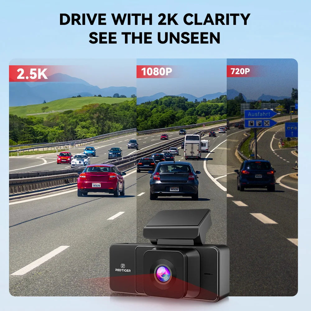 REDTIGER A3 3 Channel Dash Cam Dash Camera 2.5K+1080P+1080P Built-in 5.8Ghz WiFi Night Vision  Parking Monitor