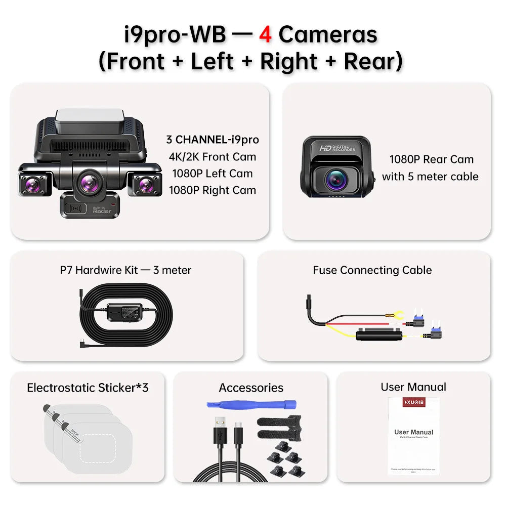 XUOIB 4CH GPS Dash Cam i9pro-wb Front 4K/2K+3*1080P for Car 360 DVR Camera 24H Parking Mode WiFi Video Recorder IR Night Vision