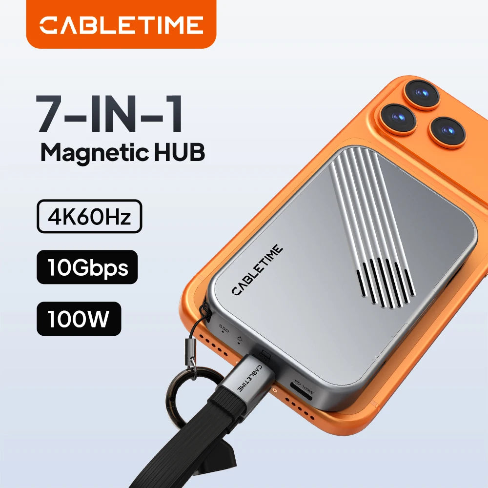 CABLETIME USB C HUB  7 IN 1 with NVMe SSD Magnetic 4K ProRes Video Recording SD/TF 3.0 Strong Magnetic Attachment for iPhone 17