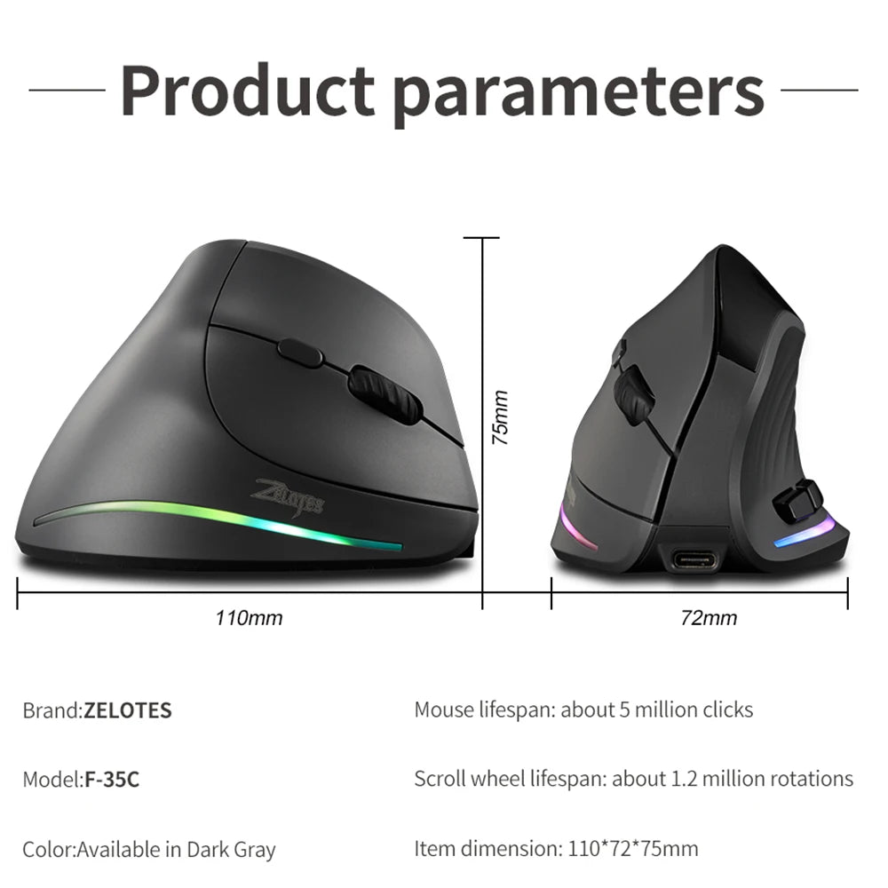 Lefon 2.4G Ergonomic Wireless Mouse Rechargeable Vertical Mouse Gaming Mice for PC Laptop MacOS Office F35C/F35B/F35 Model 버티컬 마