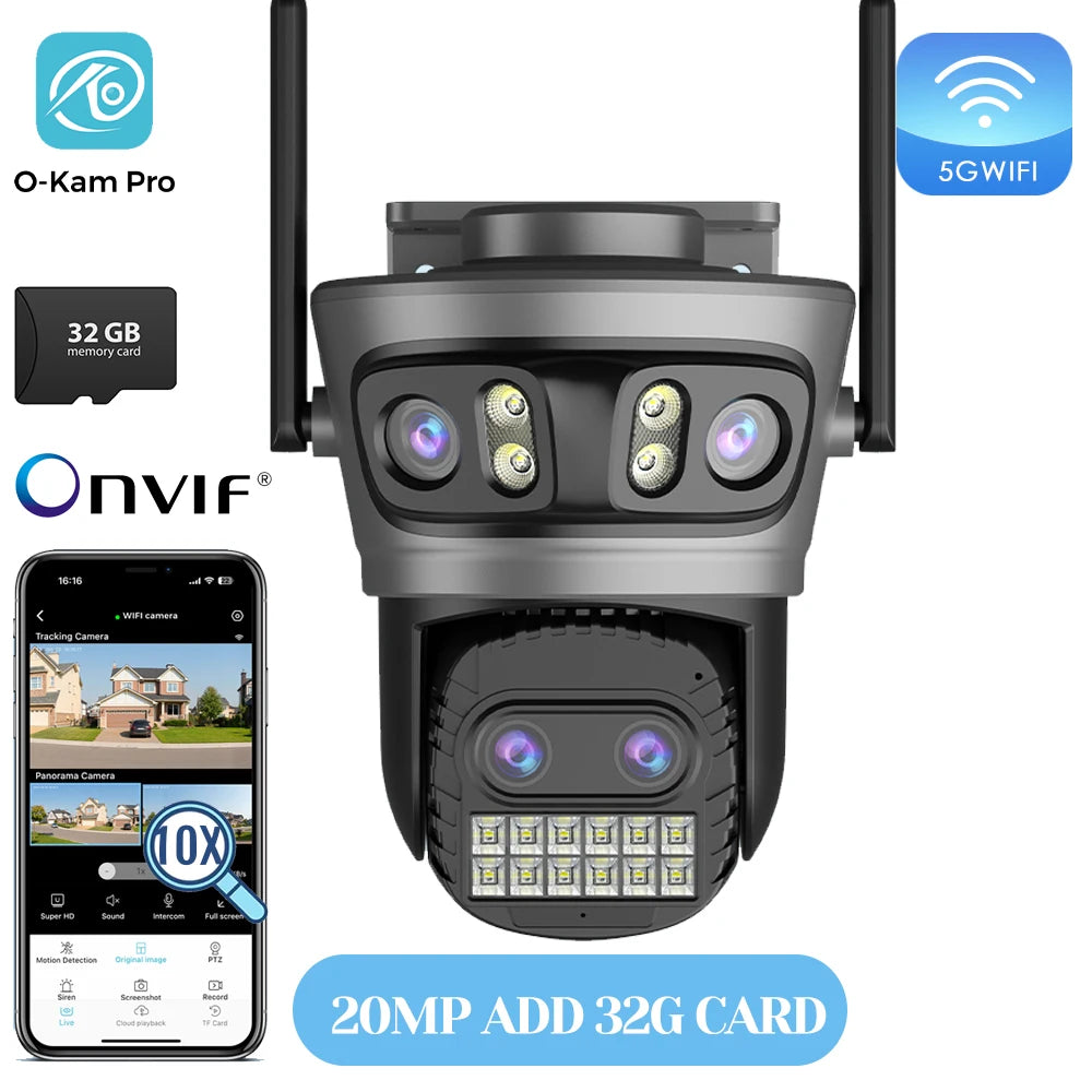 20MP Outdoors Wifi Camera 10K HD Three Lens Security 5G PTZ IP Camera 10X Digital Zoom Lens Human AI Auto Detect Tracking Camera