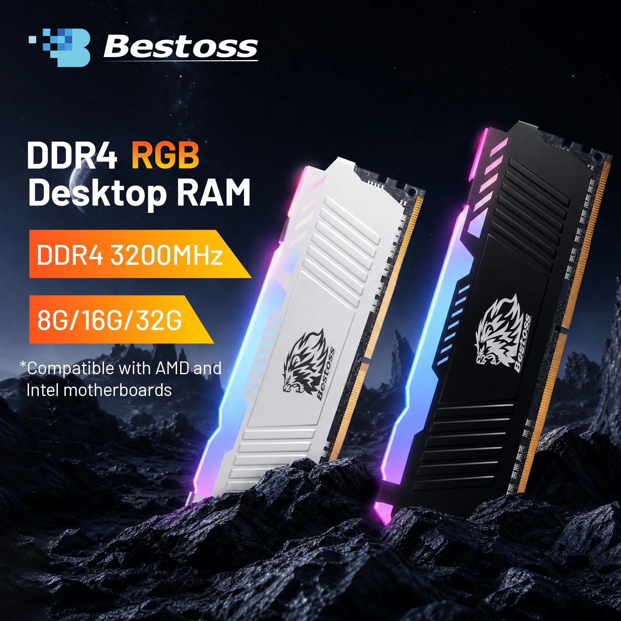 Bestoss RGB Memoria DDR4 8GB 16GB 32GB(2x16GB) XMP 2.0 3200MHz CL18 288pin 1.2V Dual-channel DIMM Memory RAM For Desktop PC