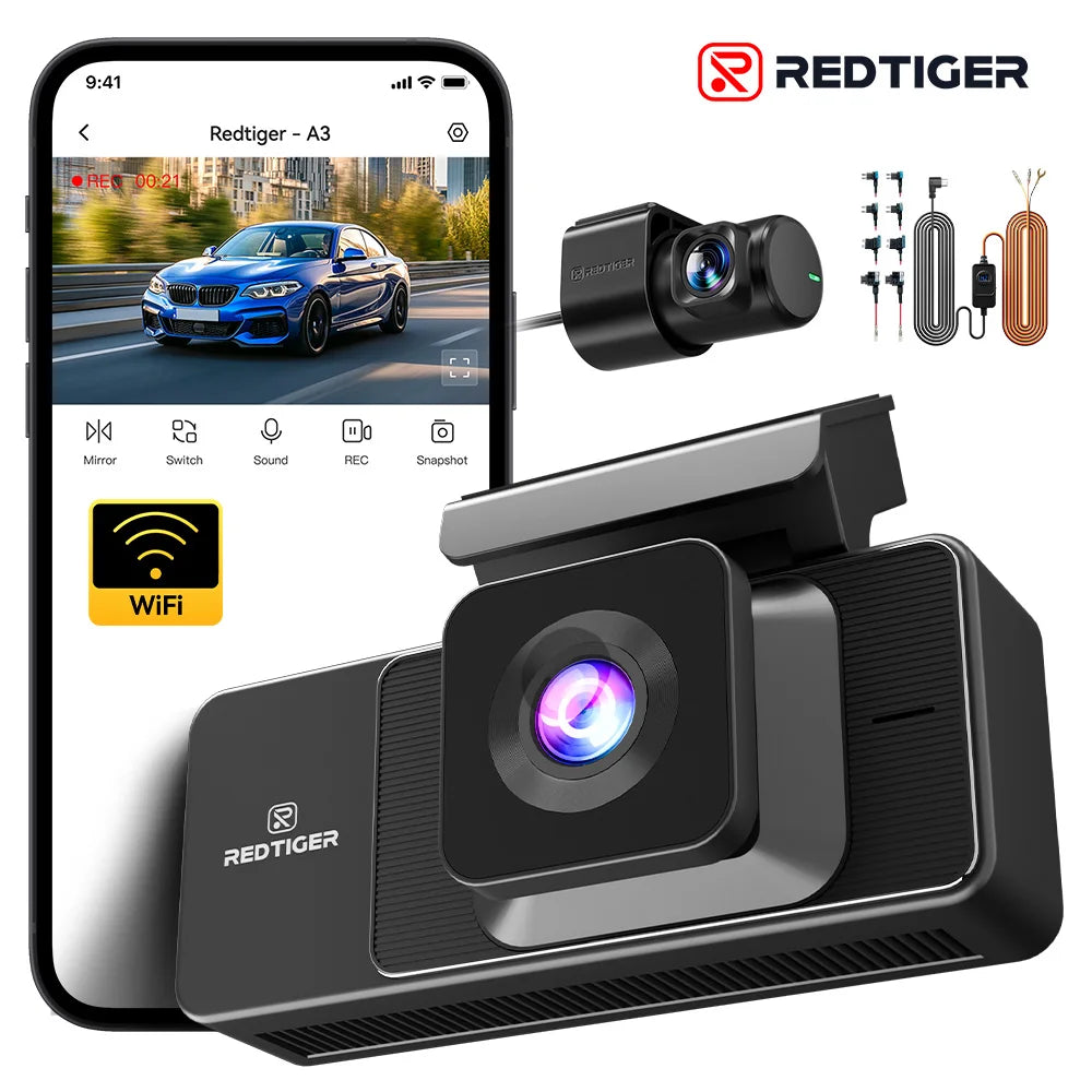 REDTIGER A3 3 Channel Dash Cam Dash Camera 2.5K+1080P+1080P Built-in 5.8Ghz WiFi Night Vision  Parking Monitor