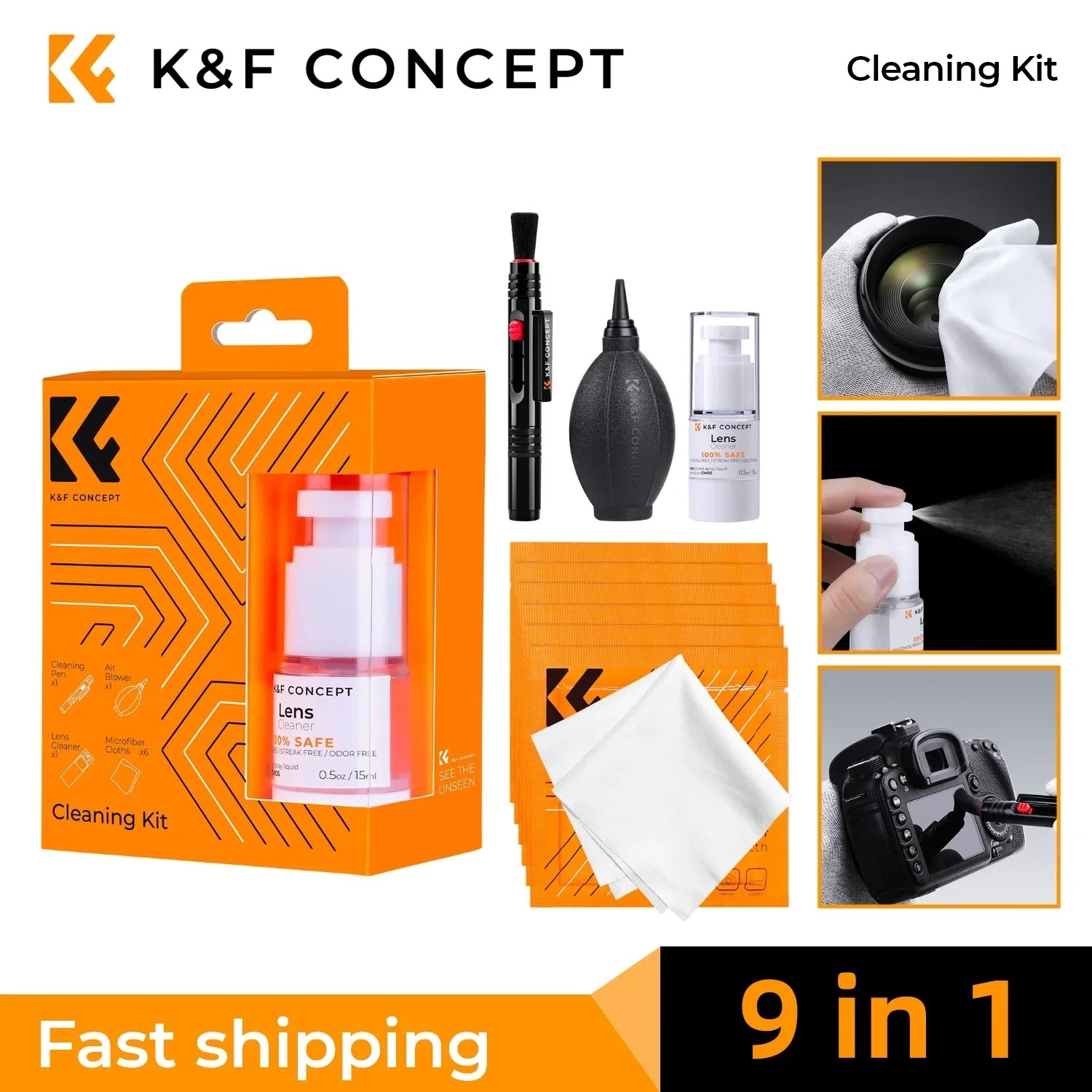 K&F CONCEPT Camera Lens Cleaning Kit with Camera Blower Glasses Wipes Cloth Cleaning Liquid Cleaning Pen for Camera Lens Phone