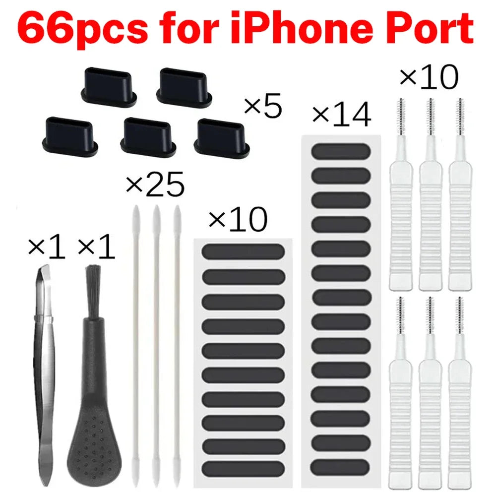 66PCS Mobile Phone Speaker Charging Port Cleaning Set Dust Plug for iPhone 17 16 14 Earphones Clean Kit Brush for Samsung Xiaomi