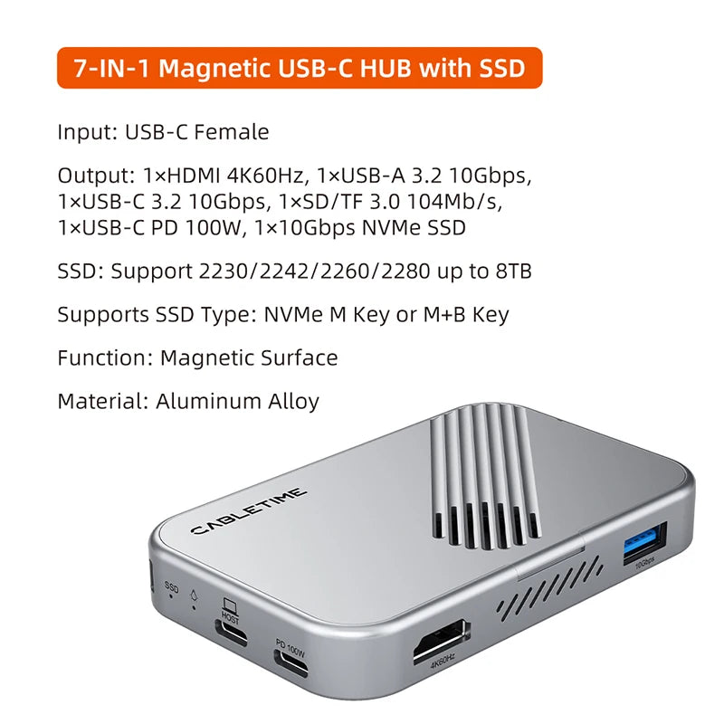 CABLETIME USB C HUB  7 IN 1 with NVMe SSD Magnetic 4K ProRes Video Recording SD/TF 3.0 Strong Magnetic Attachment for iPhone 17