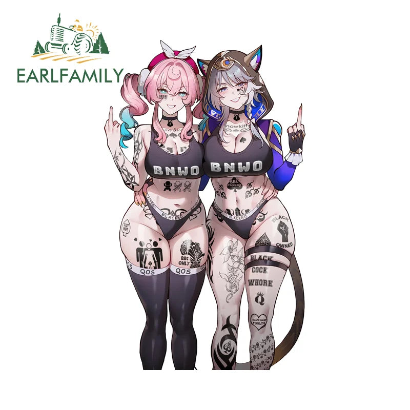 EARLFAMILY Hyacine and Cipher Tattoos Girls Car Stickers Adaorable Character Decals Occlusion Scratch High Quality Refrigerator