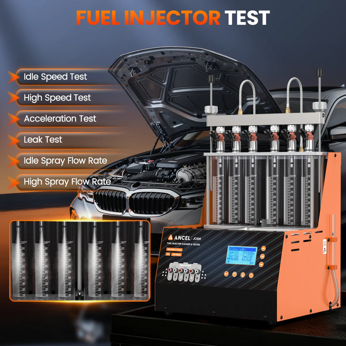ANCEL JC600 GDI PIEZO Injector Cleaner Machine 6-Cylinder Ultrasonic Cleaning Nozzle Injectors Tester for Diesel Car Motorcycle