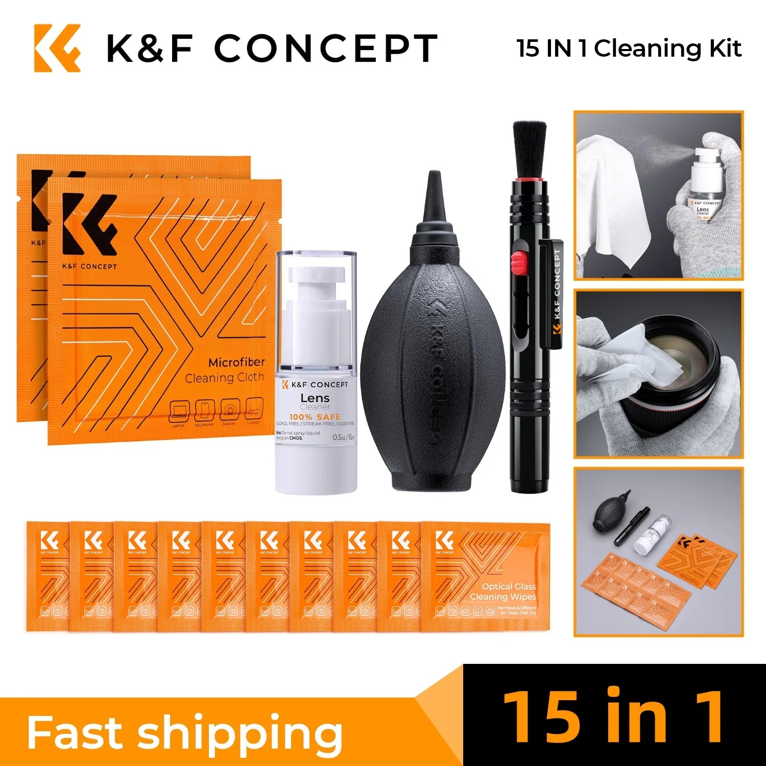 K&F CONCEPT Camera Lens Cleaning Kit with Camera Blower Glasses Wipes Cloth Cleaning Liquid Cleaning Pen for Camera Lens Phone