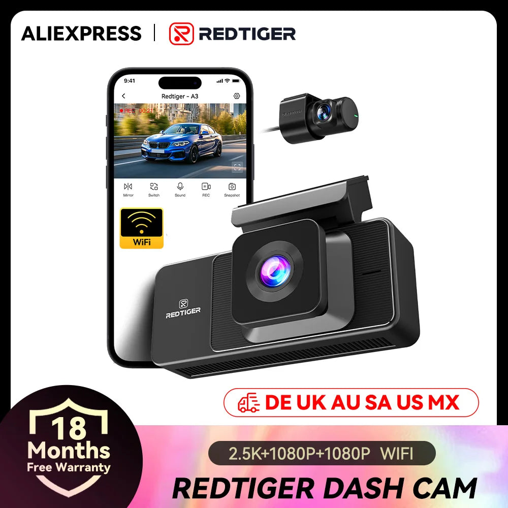 REDTIGER A3 3 Channel Dash Cam Dash Camera 2.5K+1080P+1080P Built-in 5.8Ghz WiFi Night Vision  Parking Monitor