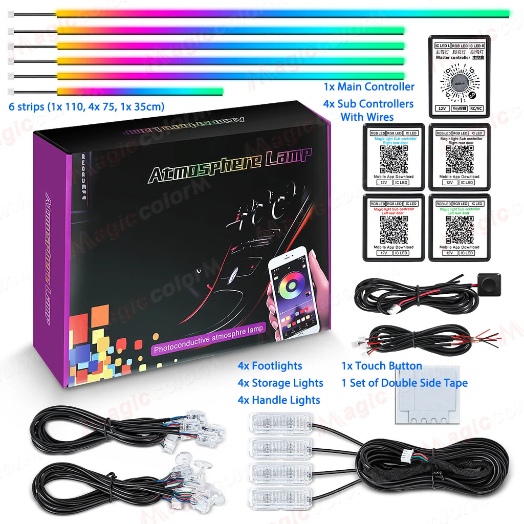 18 in 1 Led Car Ambient Lights 213 64 Color RGB Symphony Streamer Bluetooth Rainbow Interior Acrylic Strips Atmosphere Lamp Kit