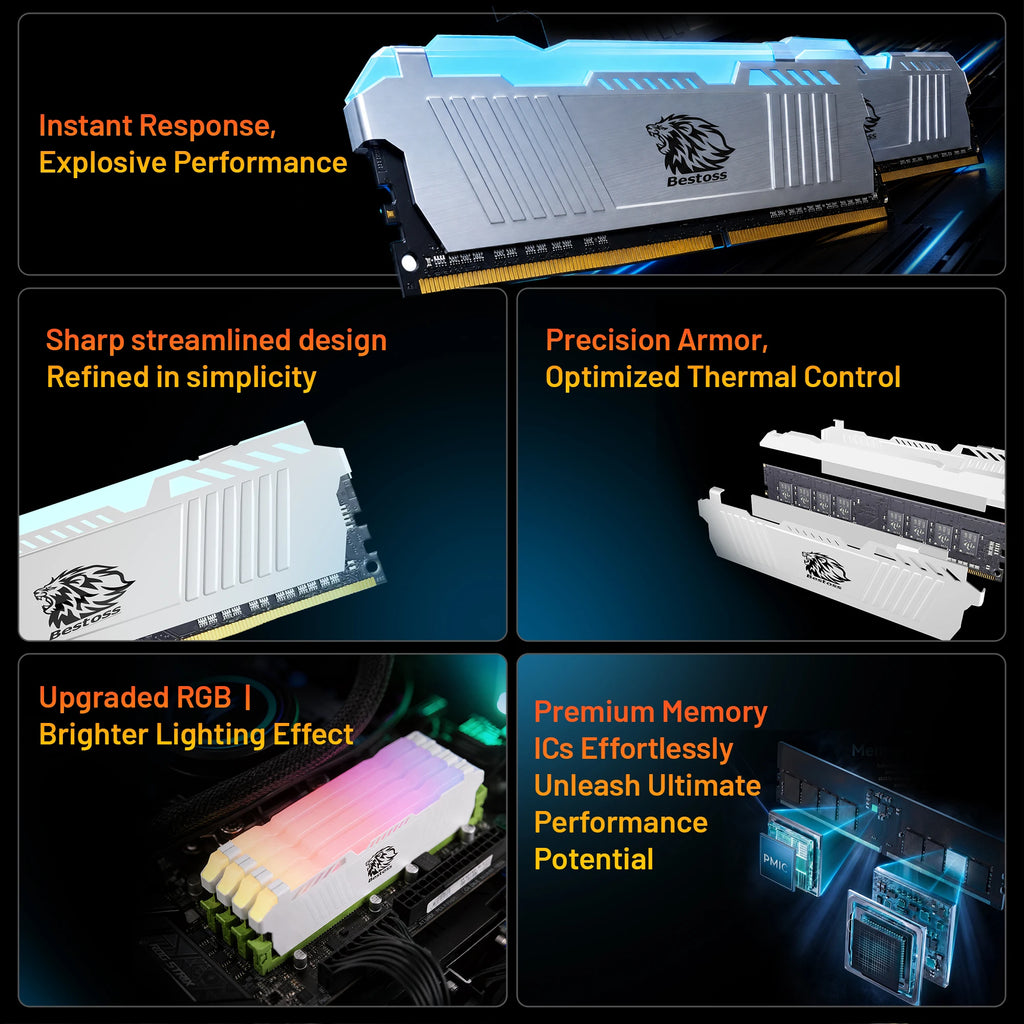 Bestoss RGB Memoria DDR4 8GB 16GB 32GB(2x16GB) XMP 2.0 3200MHz CL18 288pin 1.2V Dual-channel DIMM Memory RAM For Desktop PC