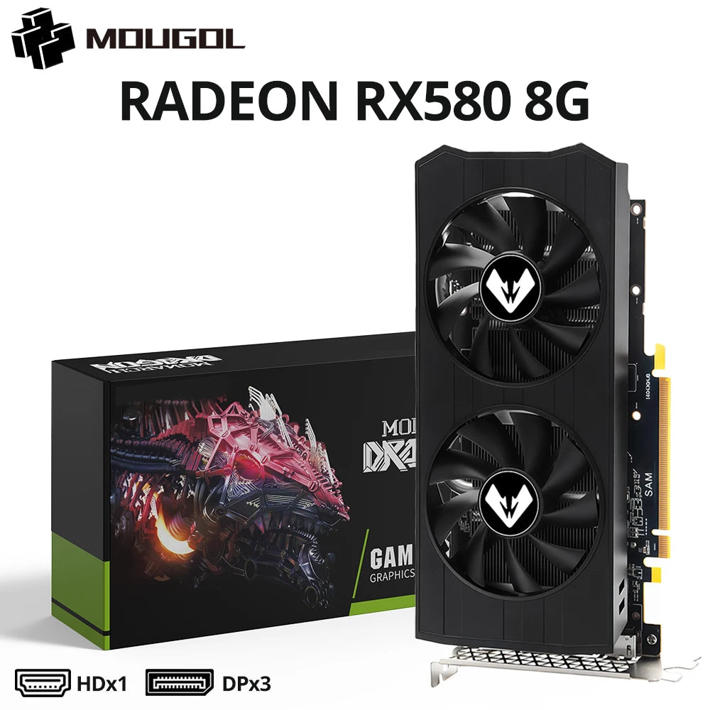 MOUGOL Original Radeon RX580 8G Graphics Card GDDR5 Memory Video Gaming Card PCIE3.0x16 DVI DP for Desktop Computer AMD Card