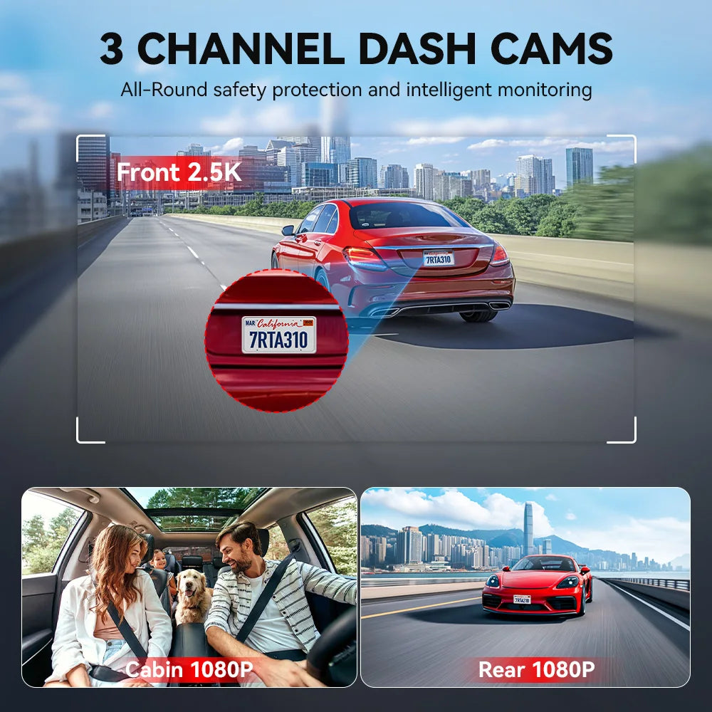 REDTIGER A3 3 Channel Dash Cam Dash Camera 2.5K+1080P+1080P Built-in 5.8Ghz WiFi Night Vision  Parking Monitor