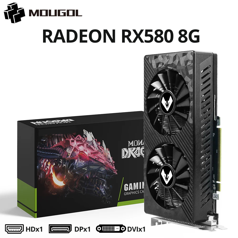 MOUGOL Original Radeon RX580 8G Graphics Card GDDR5 Memory Video Gaming Card PCIE3.0x16 DVI DP for Desktop Computer AMD Card