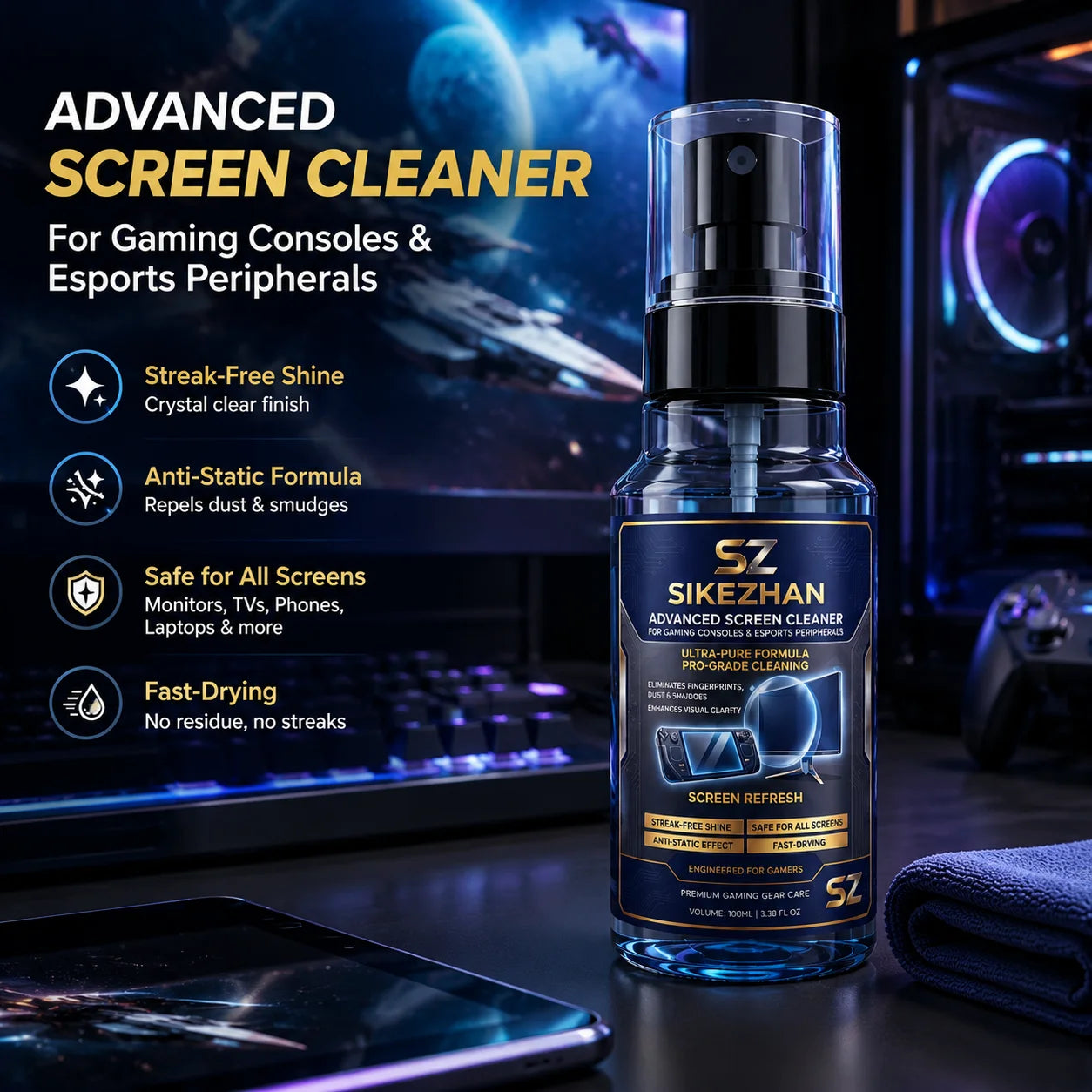SIKEZHAN Advanced Screen Cleaner Kit for Gaming Consoles---Universal Screen Cleaner (Compatible with Various Devices) — 100ml