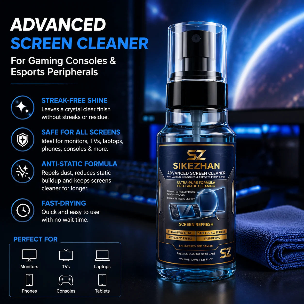 SIKEZHAN Advanced Screen Cleaner Kit for Gaming Consoles---Universal Screen Cleaner (Compatible with Various Devices) — 100ml